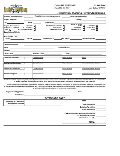 First page of the Residential Building Permit Application