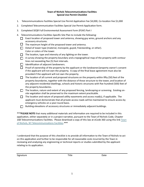 First page of the Telecommunications Facilities Special Use Permit Checklist