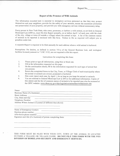 First page of the Report of the Presence of Wild Animals
