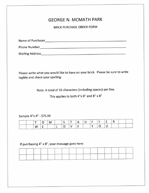 First page of the George N. McMath Park Brick Order Form
