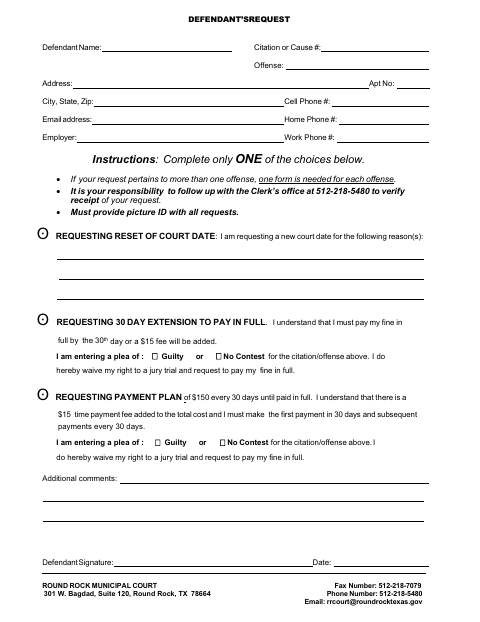 First page of the Defendant’s Request for Reset, Extension to Pay, or Payment Plan