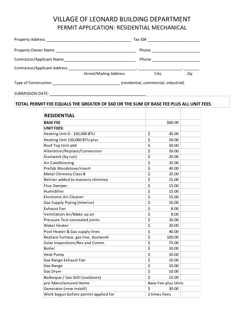 First page of the Residential Mechanical Permit Application