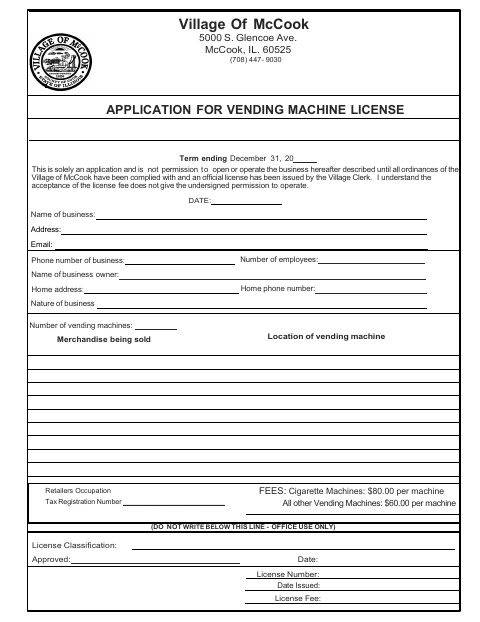 First page of the Application for Vending Machine License