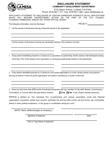 First page of the Disclosure Statement