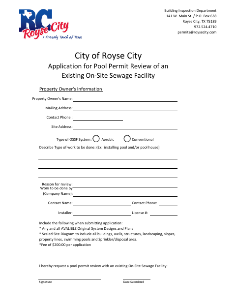 First page of the Application for Pool Permit Review of an Existing On-Site Sewage Facility