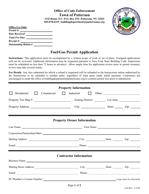 First page of the Fuel/Gas Permit Application