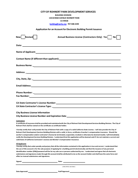 First page of the Application for an Account for Electronic Building Permit Issuance