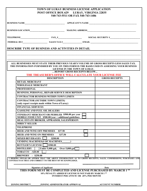 First page of the Business License Application