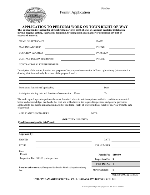 First page of the Application to Perform Work on Town Right-of-Way
