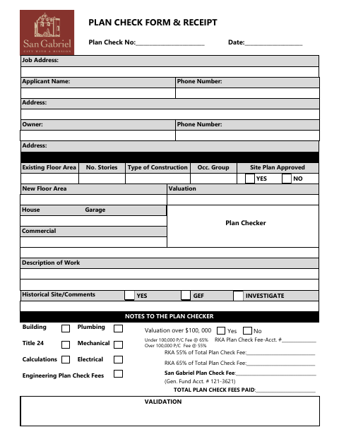 First page of the Plan Check Form and Receipt