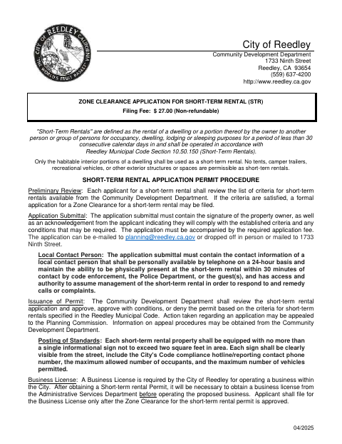 First page of the Zone Clearance Application for Short-Term Rental