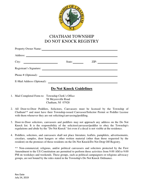First page of the Do Not Knock Registry Registration Form