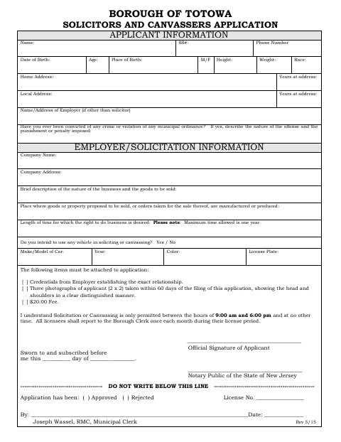 First page of the Solicitors and Canvassers Application