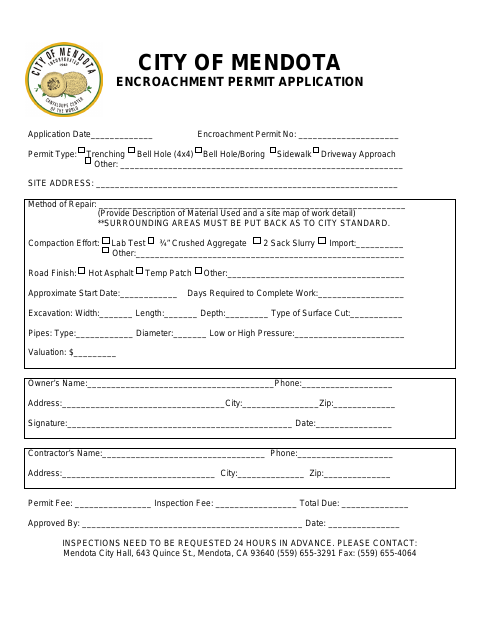 First page of the Encroachment Permit Application