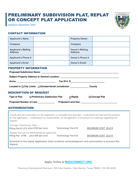 First page of the Preliminary Subdivision Plat, Replat or Concept Plat Application
