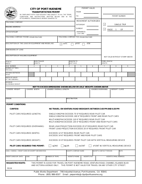 First page of the Single Trip Transportation Permit