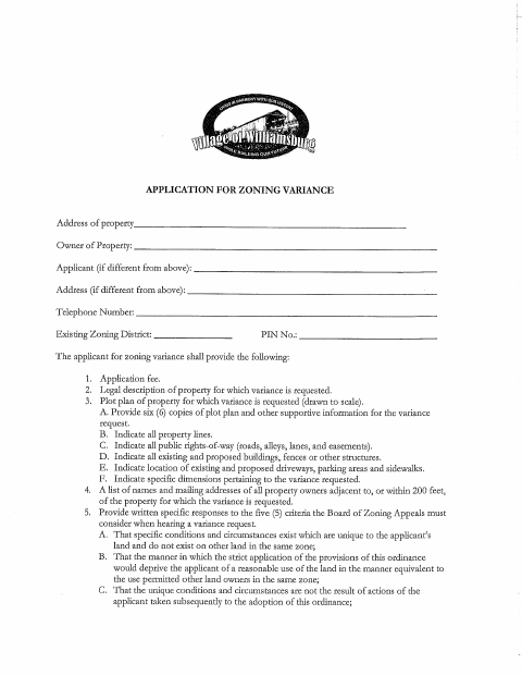 First page of the Application for Zoning Variance