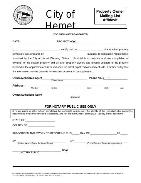 First page of the Property Owners Mailing List Affidavit