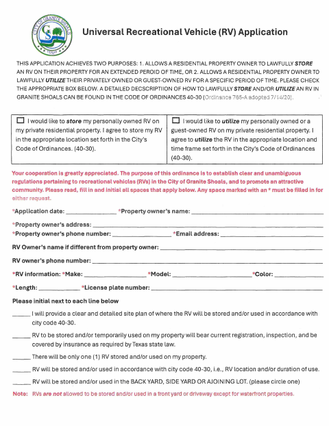 First page of the Recreational Vehicle Permit Application