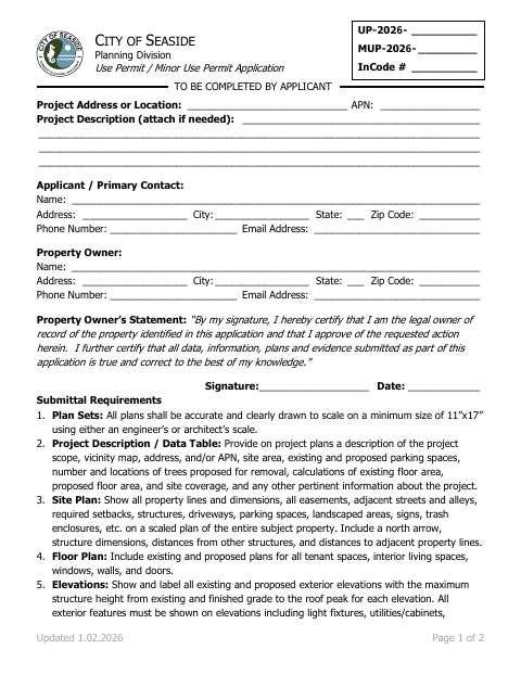 First page of the Use Permit / Minor Use Permit Application