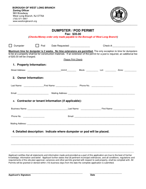 First page of the Dumpster / Pod Permit