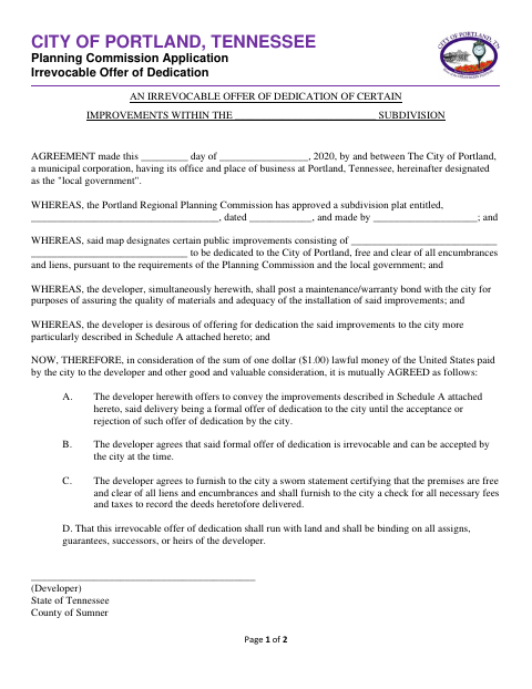 First page of the Irrevocable Offer of Dedication