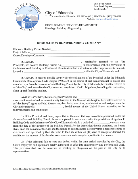 First page of the Demolition Bond Bonding Company