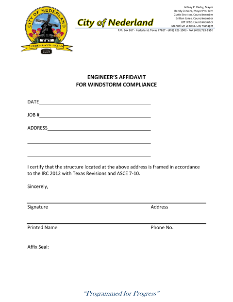 First page of the Engineer's Affidavit for Windstorm Compliance
