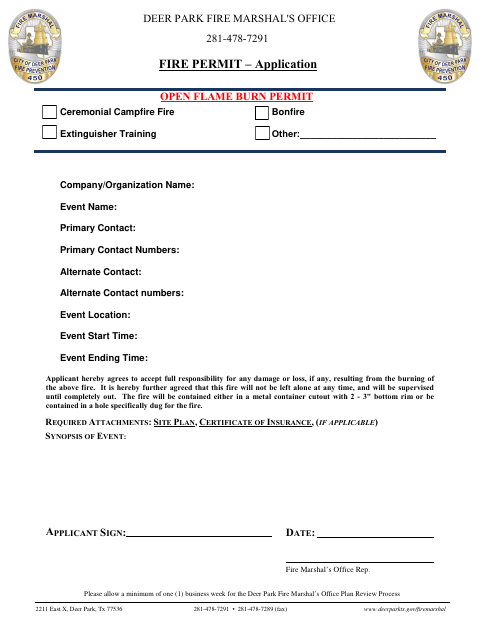 First page of the Open Flame Burn Permit