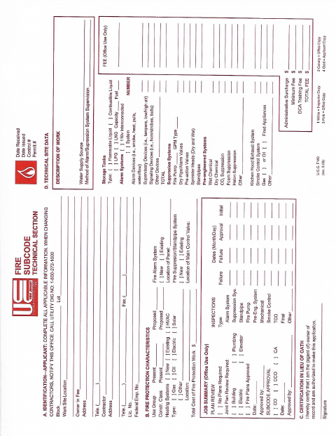 First page of the Fire Subcode Application