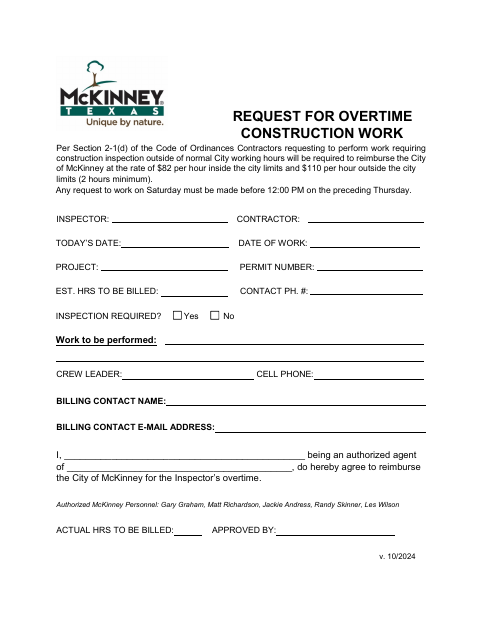 First page of the Request for Overtime Construction Work
