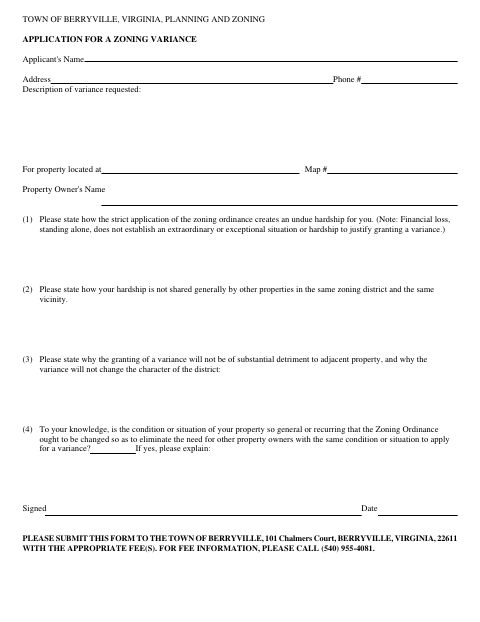 First page of the Application for a Zoning Variance