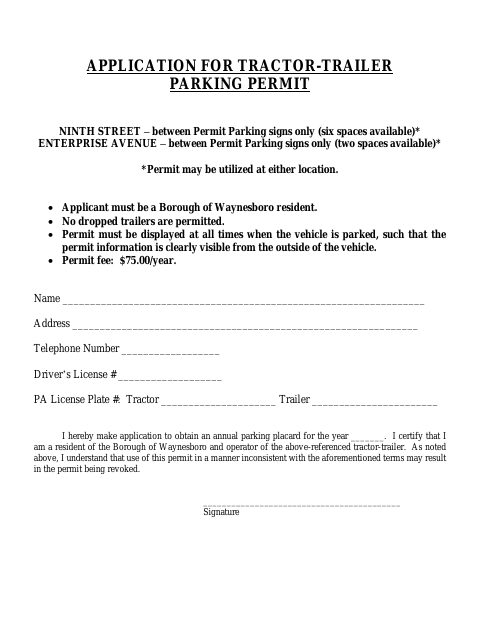First page of the Application for Tractor-Trailer Parking Permit