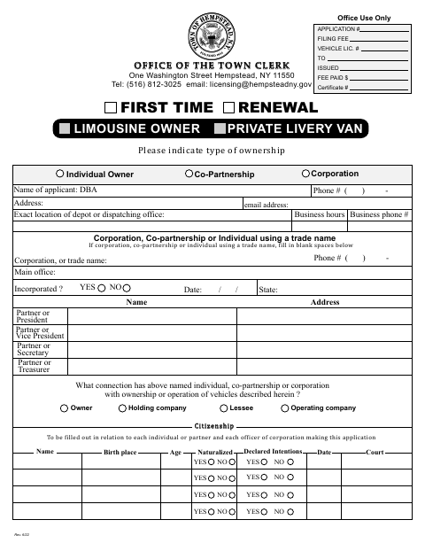 First page of the Limousine Owner Private Livery Van Application