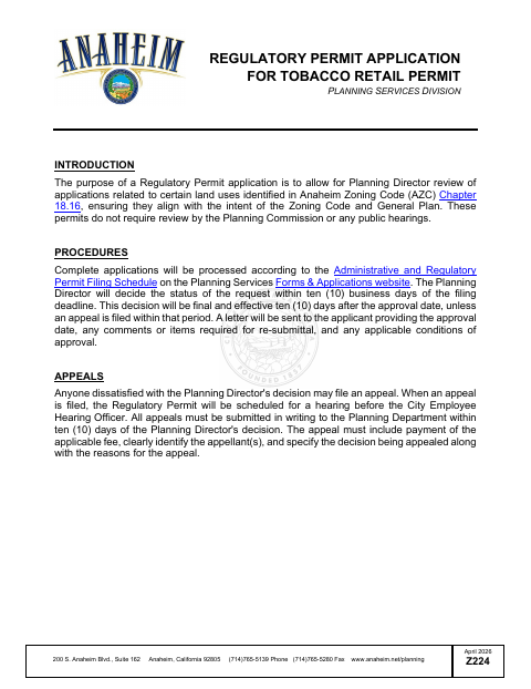 First page of the Tobacco Retail Permit Application