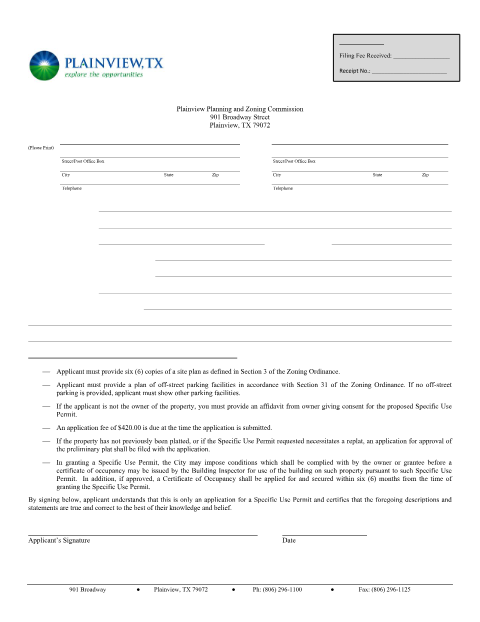 First page of the Application for Specific Use Permit