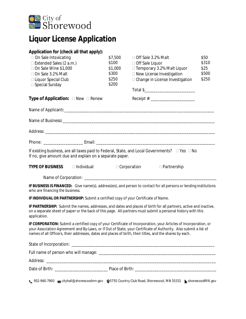 First page of the Liquor License Application