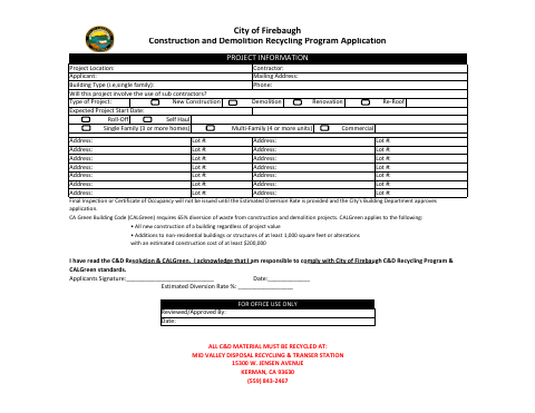 First page of the Construction and Demolition Recycling Program Application