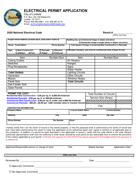 First page of the Electrical Permit Application