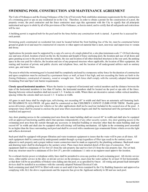 First page of the Swimming Pool Construction and Maintenance Agreement