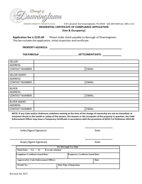 First page of the Residential Certificate of Compliance Application