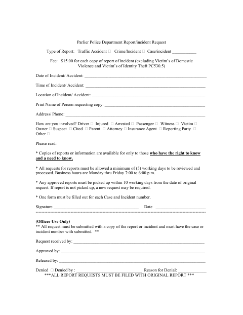 First page of the Police Report/Incident Request