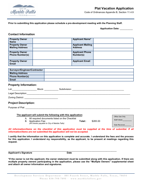 First page of the Plat Vacation Application