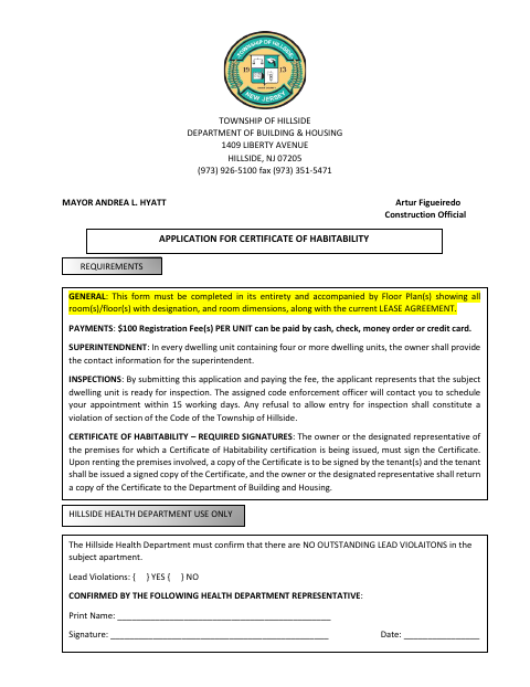 First page of the Application for Certificate of Habitability
