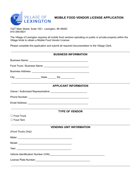 First page of the Mobile Food Vendor License Application
