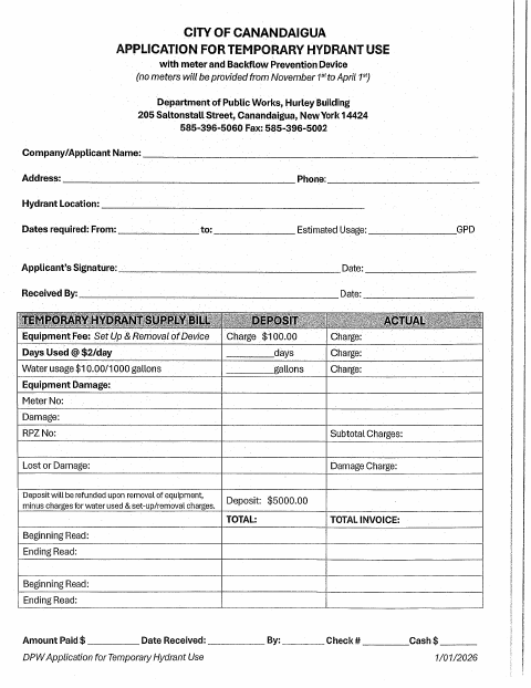 First page of the 2026 Application for Temporary Hydrant Use