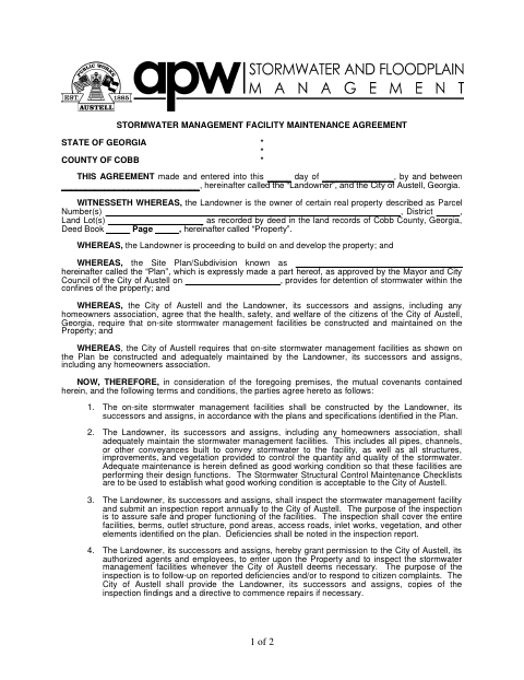 First page of the Stormwater Management Facility Maintenance Agreement
