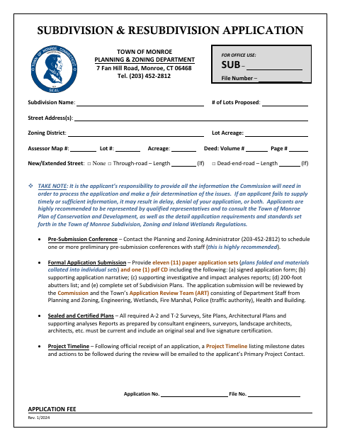 First page of the Subdivision and Resubdivision Application