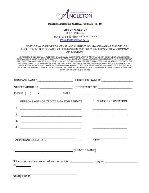 First page of the Master Electrician Contractor Registration