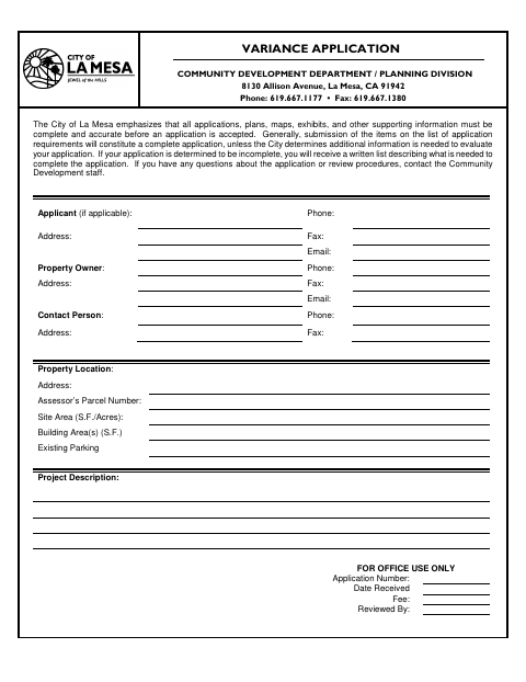 First page of the Variance Application